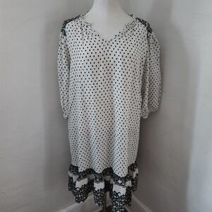 Knox Rose Womens White Black Geometric Lace Trim Boho Puff Sleeve Dress Medium‎
